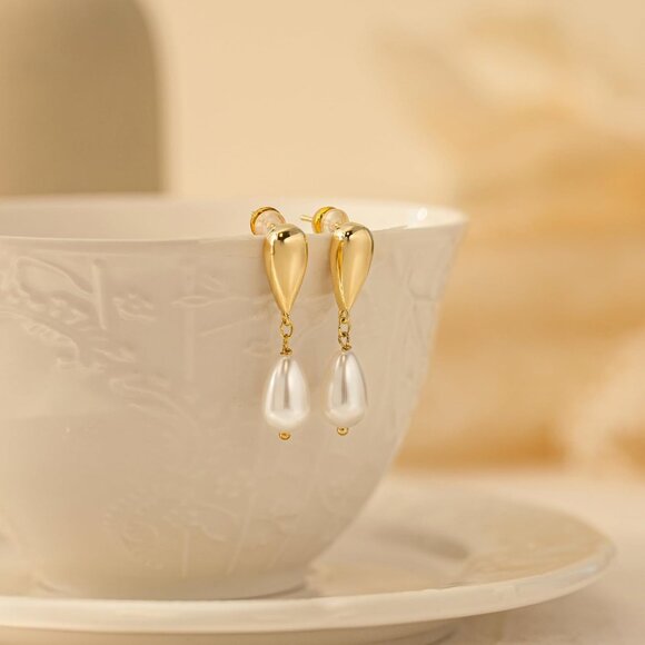 Dainty Pearl Drop Earrings for Women 14K Gold Plated CZ Wedding Stud Dangle Gift - Picture 6 of 6